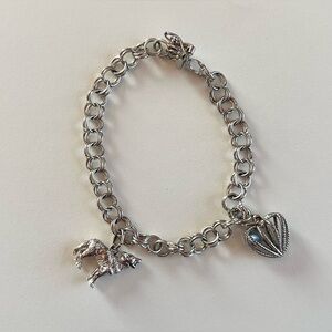 Custom Sterling Silver Charm Bracelet with Aquamarine Heart and Wolf Charm - 7”
